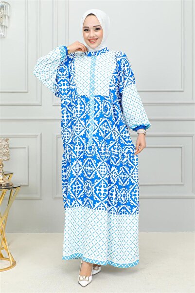 Mestore Ethnic Patterned Hijab Dress Blue