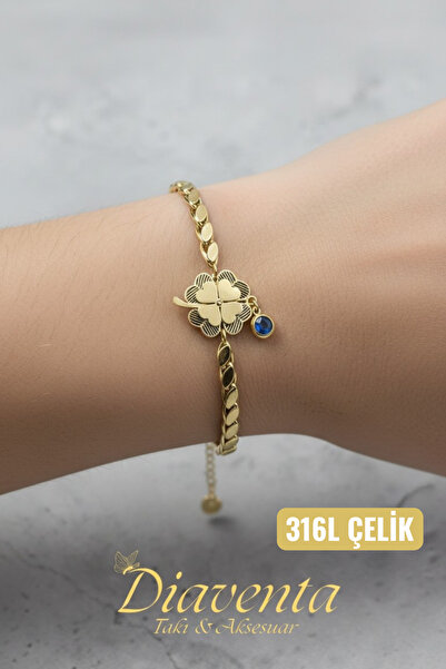 DİAVENTA TAKI VE AKSESUAR Steel Bracelet - New Clover Model with Evil Eye Bea...