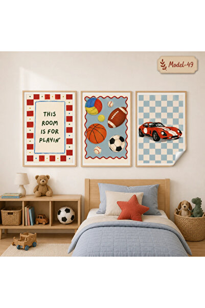 Statik Tutunma Özellikli Spor Topları ve Klasik Spor Arabası Temalı 3'lü Bebek ve Çocuk Odası Poster Seti (Model-49)