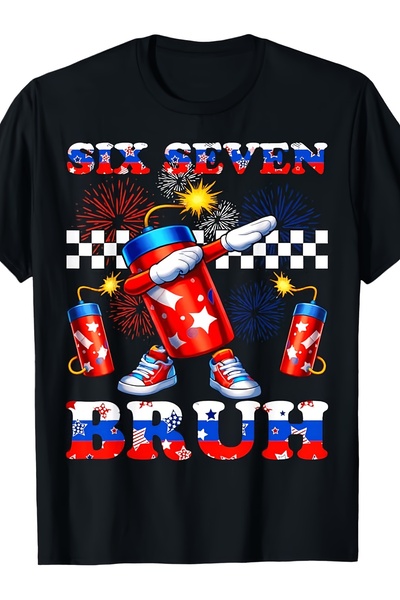 135 تي شيرت للجنسين بتصميم Six Seven Bruh Firecracker Dabbing 67، 100% قطن 18...