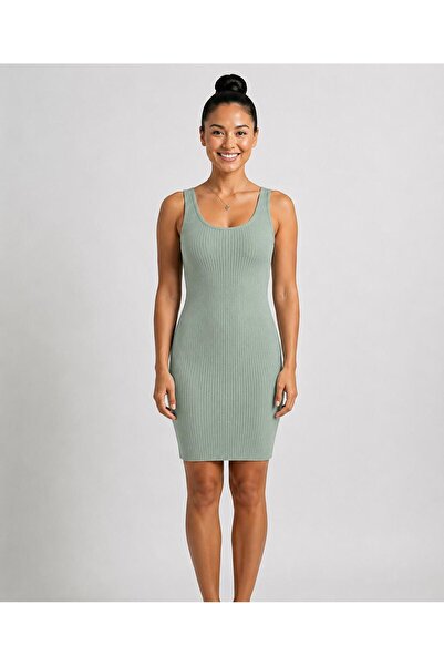 MİLYA&GYM Women's Cotton Camisole Body-Hugging Dress with Wide Ribbed Square ...