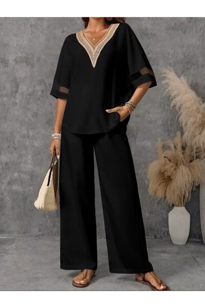 Wear Up Women's Short Sleeve V Lace Collar Aerobin Blouse and Trousers Two-Pi...