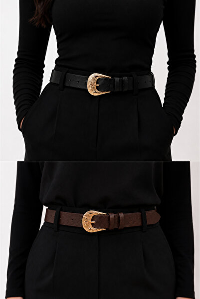 kemer krallığı Women's Belt Set of 2 – Western Gold Buckle Black & Brown