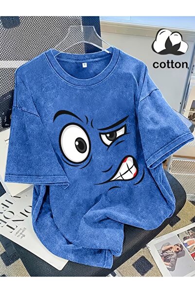 Toum Grumpy Face Printed Washable Vintage Unisex Oversize T-Shirt