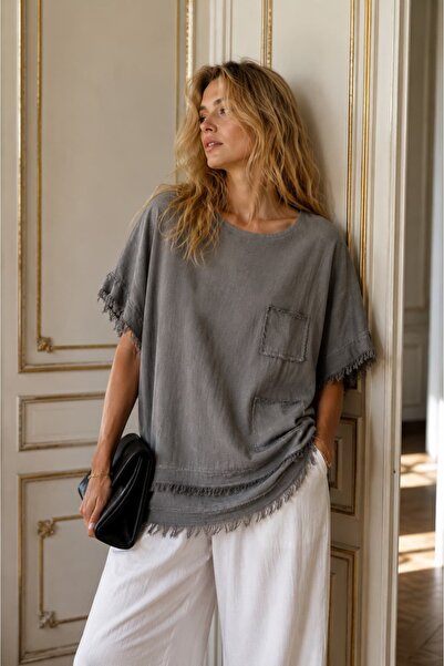 Punta Otantik Pts25073 Cotton Blouse with Tassels on Sleeves and Hem, Mink