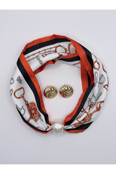 MAREM Satin Scarf Necklace and Earring Set with Magnet Pearl Detail 44 cm Wom...