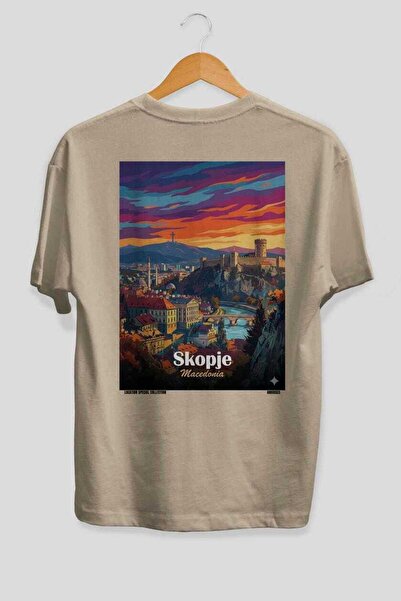 Ankhises Skopje Macedonia Beige Oversize Country City Back Printed Unisex T-S...