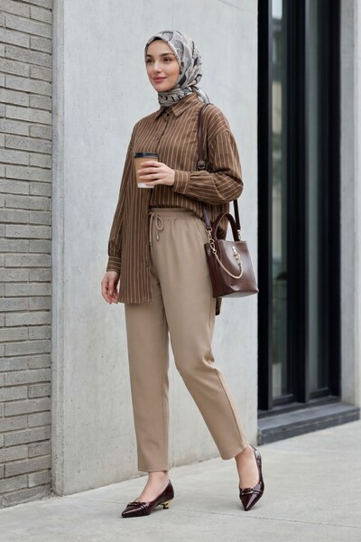 Modamorfo Striped Slit Casual Linda Shirt - Brown