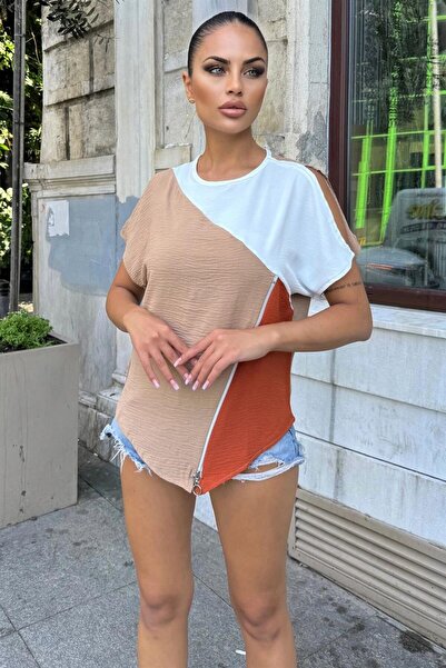 Moda4x4 Women's Clothing Tan & Beige Short Sleeves, Color Blocked Asymmetrica...