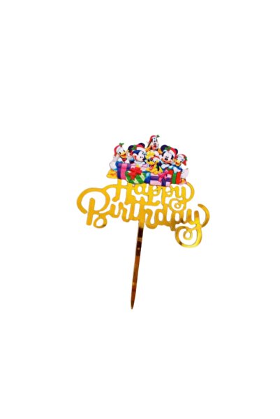 Baloane Vesele Topper Tort Mickey si Prietenii Happy Birthday Auriu Oglinda T...