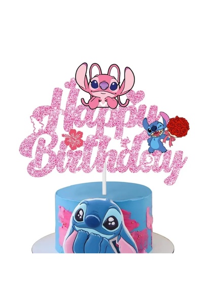 Baloane Vesele Topper Tort Stitch Roz Glitter Happy Birthday Decor Aniversar ...