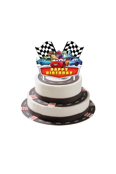 Baloane Vesele Decoratiune Tort Cars Happy Birthday cu Steaguri de Race TOP217