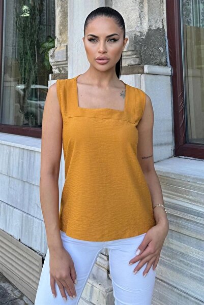 Moda4x4 ملابس نسائية، بلوزة كتان فضفاضة بحزام سميك بلون الخردل، وياقة مربعة
