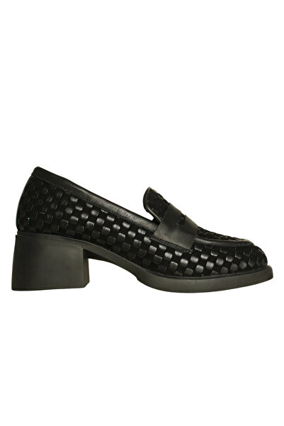 Platin Black Knitted Leather Women's Casual Heeled Shoes