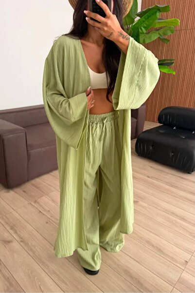 Bak'ap Premium Gofre Keten Uzun Kimono Bol Paça Pantolon 2'li Tesettür Takım