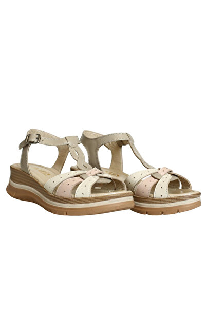 Platin Beige Leather Women's Wedge Heel Sandals