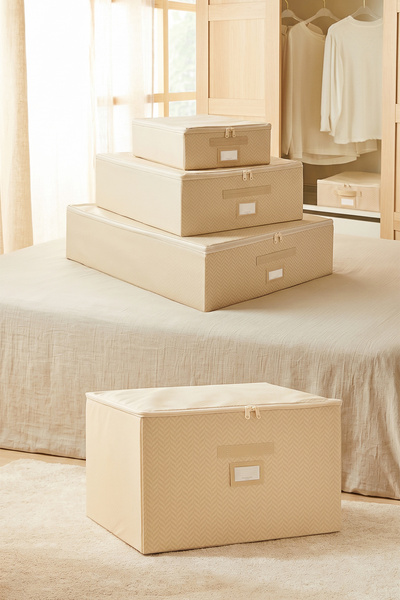 Ocean Home Textile 4-Piece Beige Herringbone Under-Bed Luggage Organizer Box ...