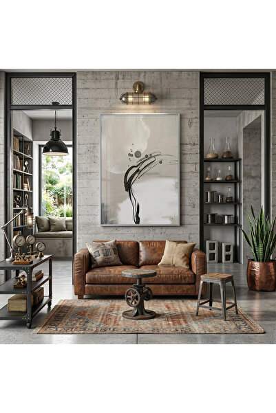 KOLAJTASARIM Abstract Flow Light Beige Tones Single Silver Metal Framed Glass...