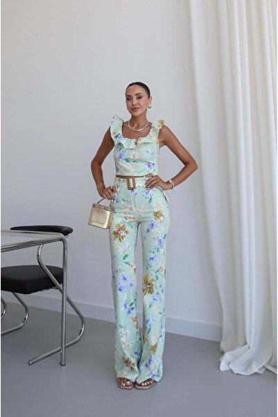 Havoş Green Caren Floral Blouse and Pants Set