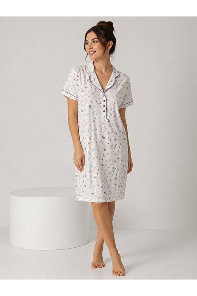Alize Moda Short Sleeve, Bird Patterned 100% Cotton Women's Nightgown