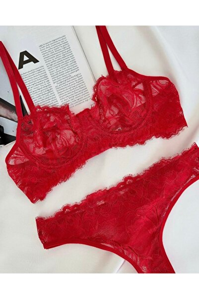 Elegant Siyah- Kırmızı Dantel Sütyen Külot Takım – Transparan Seksi İç Giyim