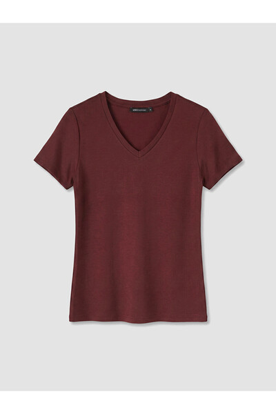LC Waikiki Lcw Everyday Burgundy V-Neck Soft Touch Women's T-Shirt