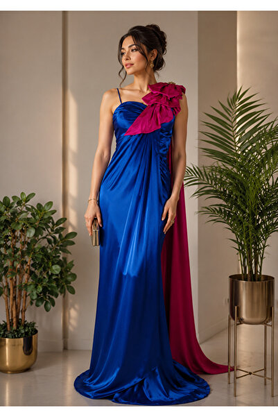 ASIAN Rifan Dress Evening Gown Made of Soft Silk and Satin with Brooch.