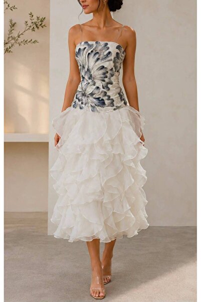 BROOKLYN STYLE Luxury Velvet 3D Embroidery Evening Dress Midi Length Party Dress