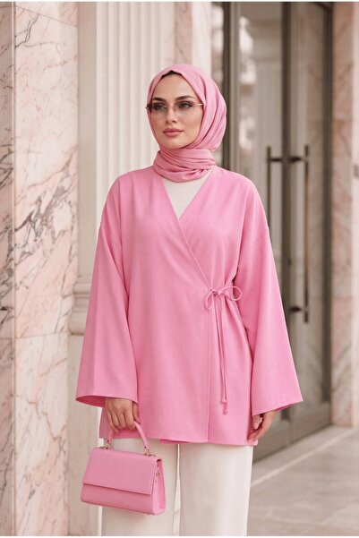 USLULAR Pembe Kruvaze Yaka Yandan Bağlamalı Kimono Tunik