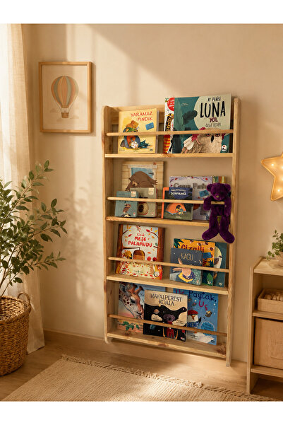 LunaLoveWood Masif Ahşap Montessori Kitaplık - Çocuk Odası Duvar Rafı 4 Raflı...