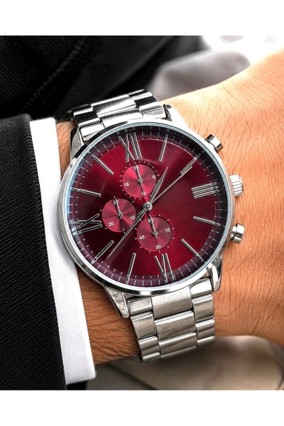 Weluxa Men's Watch Silver Color Red Dial Combination Stylish and Modern Desig...