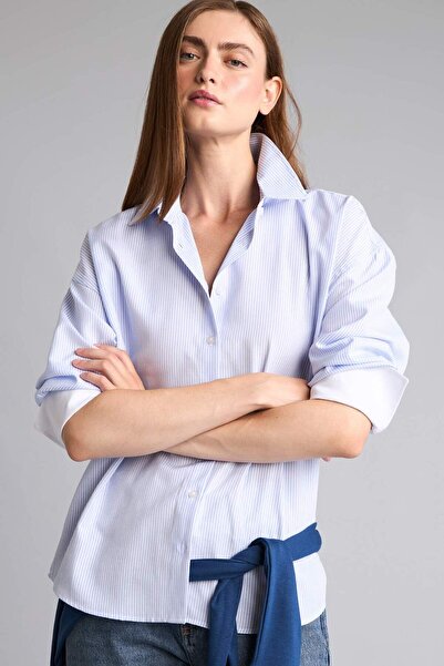 DeFacto Oversized Striped Oxford Long Sleeve Light Blue Shirt I3121Ax26Au