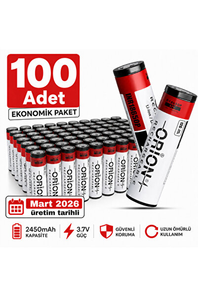 Orion 18650P 3.7V 2450mAh 12C Li-ion Şarjlı Pil – 100 Adet Ekonomik Paket – Mart 2026 Üretim