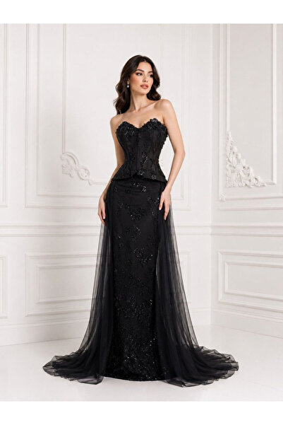 ranin Black Barbi Kefle Evening Dress with Beaded Embroidery