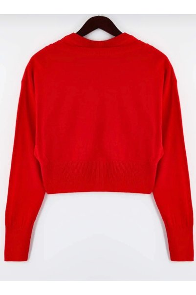Pollena Red Crew Neck Combined Blouse-Cardigan Knitwear Sweater 34211