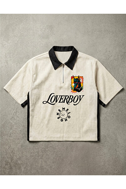 melongeneco Keten polo yaka fermuarlı oversıze Loverboy t-shirt oversıze tasa...