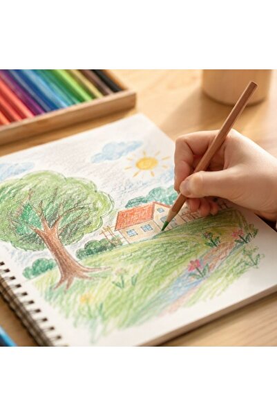 SUNJOY Set 12 Creioane Colorate Lemn , Miez Intens, Ambalaj Cutie Carton Agăț...