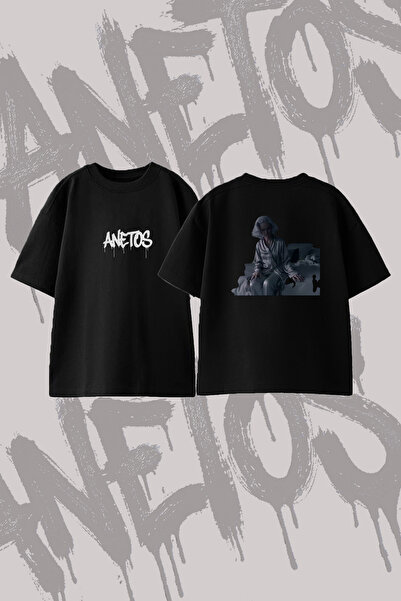 Anetos Satin Pajama Design Back Printed Cotton Black Oversize T-Shirt