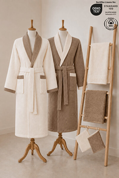 Ellaline Eldy Contrast Striped Bathrobe Set 100% Certified Cotton, 6 Pieces, ...