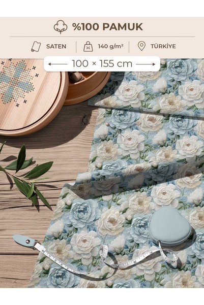 FabricsTown 100% Cotton Satin Fabric Digital Printed Blue White Floral Patter...