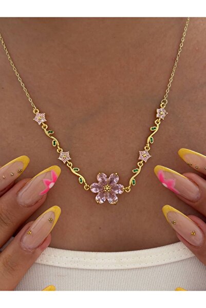 lumirajewel sakura çiçeği taşlı kolye | çelik