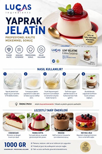 LUCAS Yaprak Jelatin 1000 Gr – Profesyonel Pastacılık İçin Yaprak Jelatin