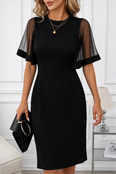 modaserdem Women's Short Sleeve Crew Neck Midi Imported Crepe Dress
