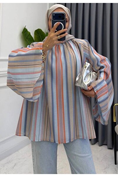 Bahar Altundemir Women's Striped Bat Sleeve Casual Colorful Tunic