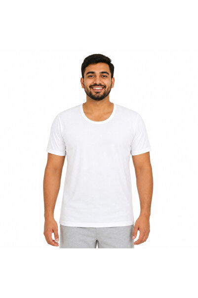 Generic White Inner Wear T-Shirt for Men with Large Round Collar and Short Sl...