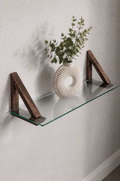 Decorita MDF Ahşap Askılı Dekoratif Cam Duvar Rafı | 60x20 cm | Saydam Cam