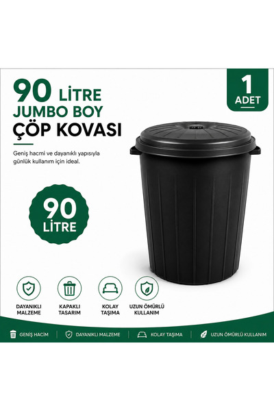 90 Litre Kapaklı Çöp Kovası Antrasit | Dayanıklı Plastik Büyük Boy Çöp Kovası Ev İşyeri Bahçe Restoran Ofis
