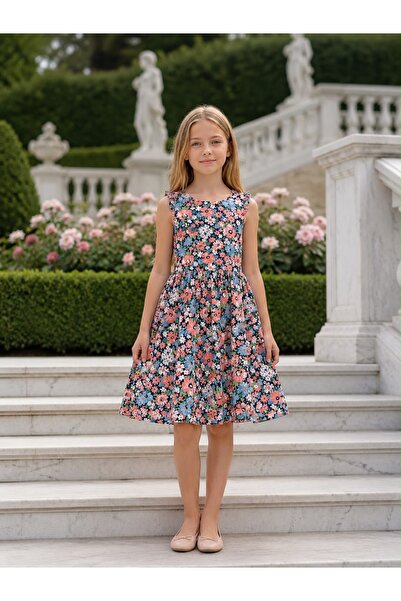 NO BRAND Girls' Sleeveless Floral Print Dress - Classic Cotton
