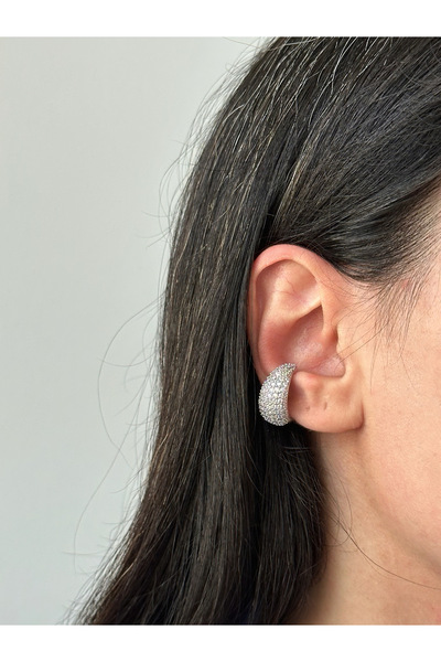 ringbox Gümüş Renkli Taşlı Damla Model Kıkırdak Küpe Earcuff