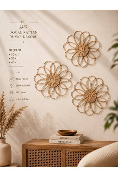 barellum Lora 3’lü Doğal Rattan Duvar Dekoru 30-35-40 cm El Yapımı Bohem Hası...